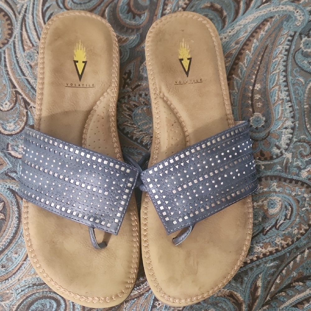 Volatile Blue and Tan Sandals with Rhinestone Embellishments Size 10